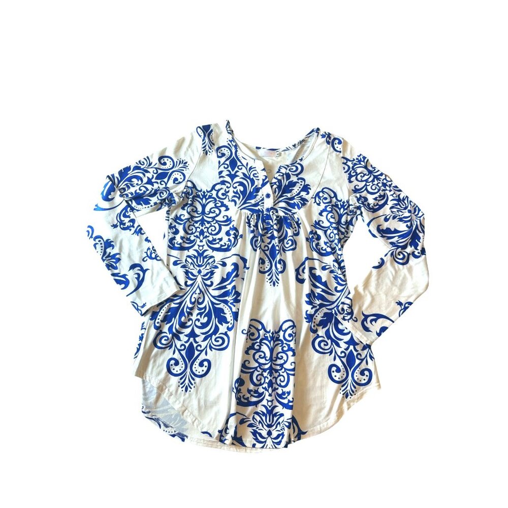 Halife Womens Long Sleeve Blue and White Abstract Patterned Tunic Top M - Picture 6 of 6